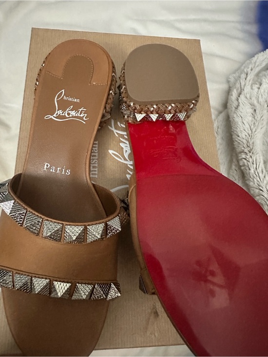 Christian Louboutin Shoes - Christian Louboutin Tan Studded Slide Sandals with Signature Red Sole- size 38